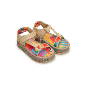 COLORFUL TOUCANS FLATFORM RAFFIA VELCRO SANDAL